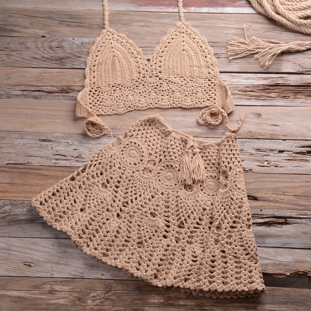 2025 Trendy European & American Hand-Crocheted Bikini Bandeau with Versatile Pleated Skirt Swimsuit