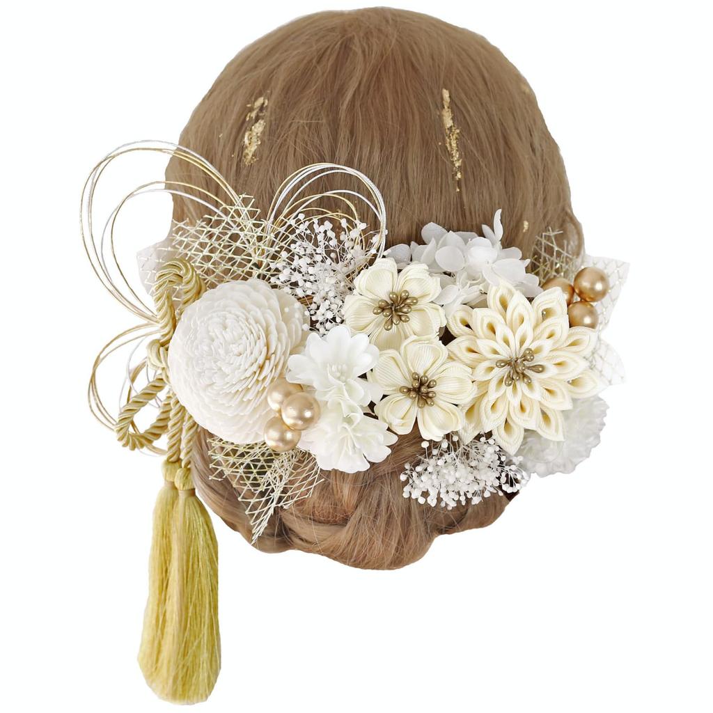 Bud Flower Hair Dried and Gold Perfect for and and Japanese Product Tsumami-Zaiku Ornament, Flowers, Mizuhiki, Leaf, Coming-of-Age Ceremonies,