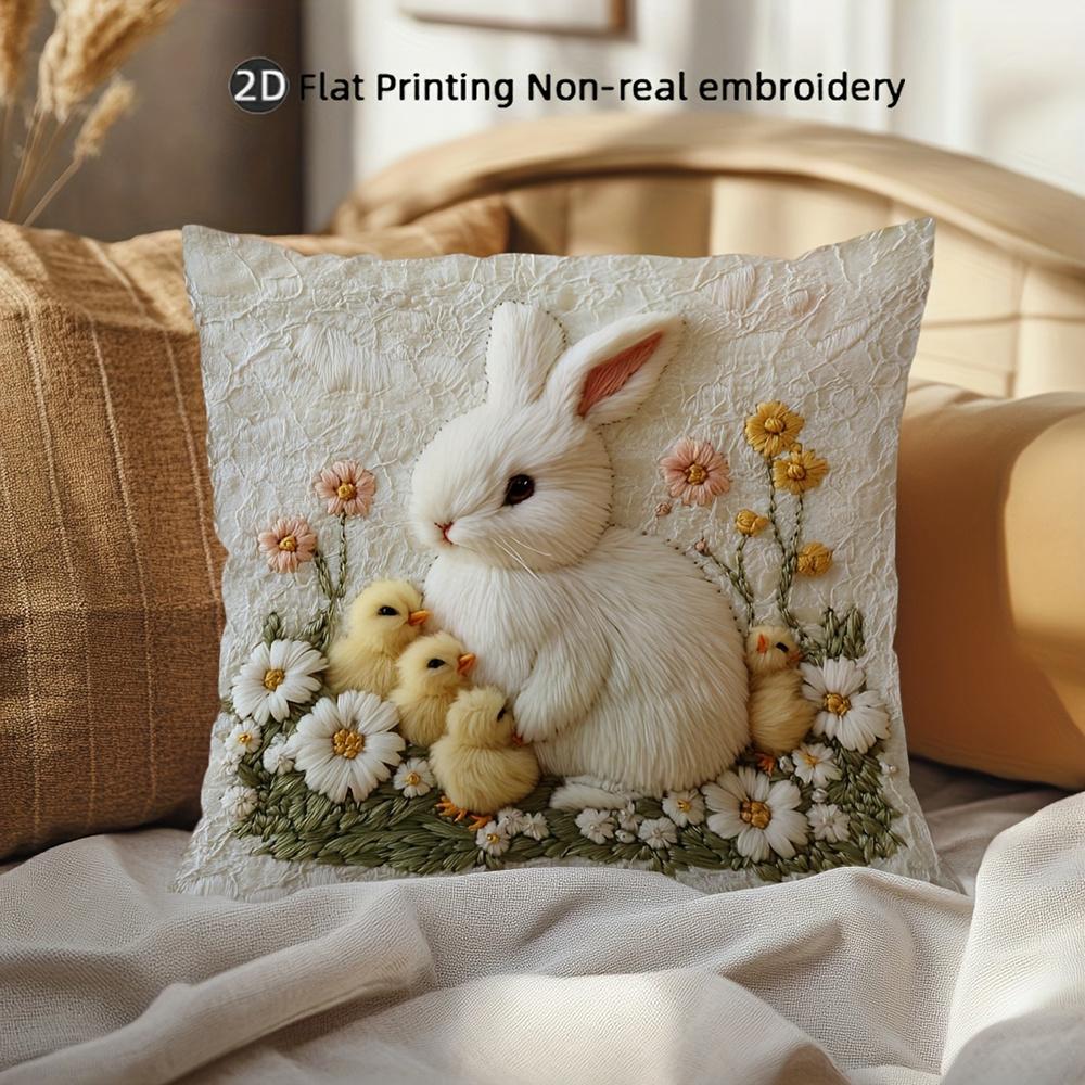 1pc 2D Printed Cute Bunny And Chick Pillowcase, Featuring a Single-Sided Print Design, Zipper Closure, Machine Washable, Without Internal Filling