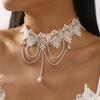 Vintage Lace Pearl Pendant Necklace, Court Style Fringed Chain Chokr Neck Chain