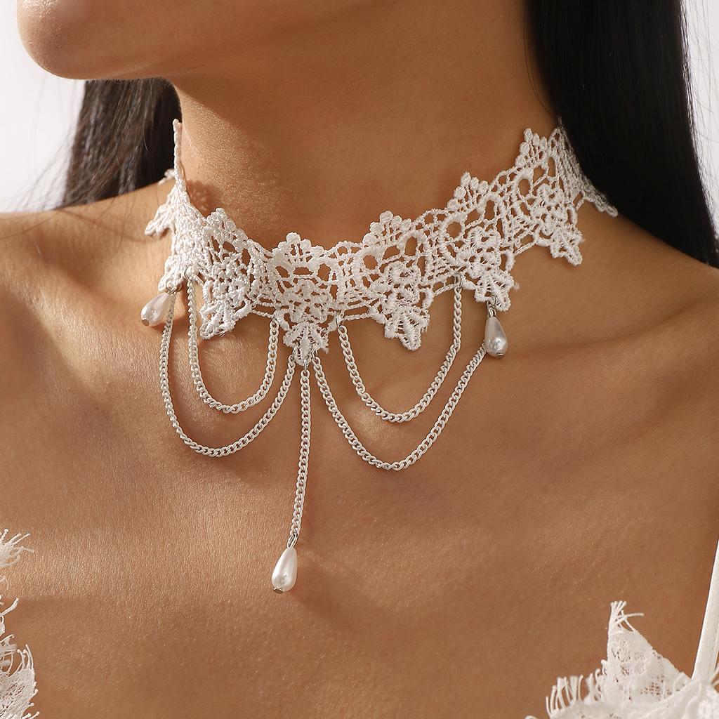 Vintage Lace Pearl Pendant Necklace, Court Style Fringed Chain Chokr Neck Chain