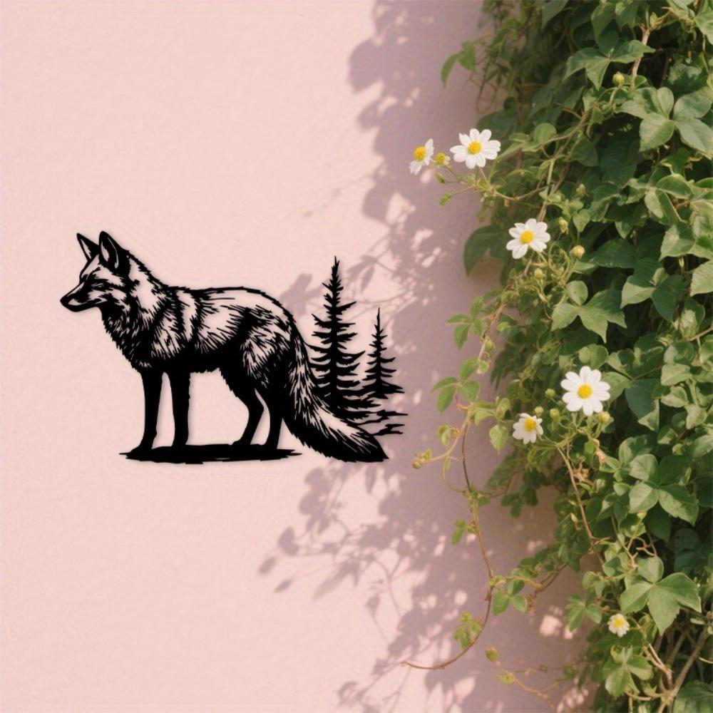 2D Flat Fox Pine Trees Metal Wall Art, Rustic Wildlife Silhouette Black Outdoor Decor for Living Room Cabin Office Indoor Outdoor Nature Inspired Sign