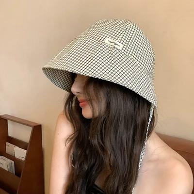 Plaid Bucket Hat Women's Summer Sunshade Sunscreen Basin Hat Big Head Circumference Showing Small Face Versatile Casual Sun Hat