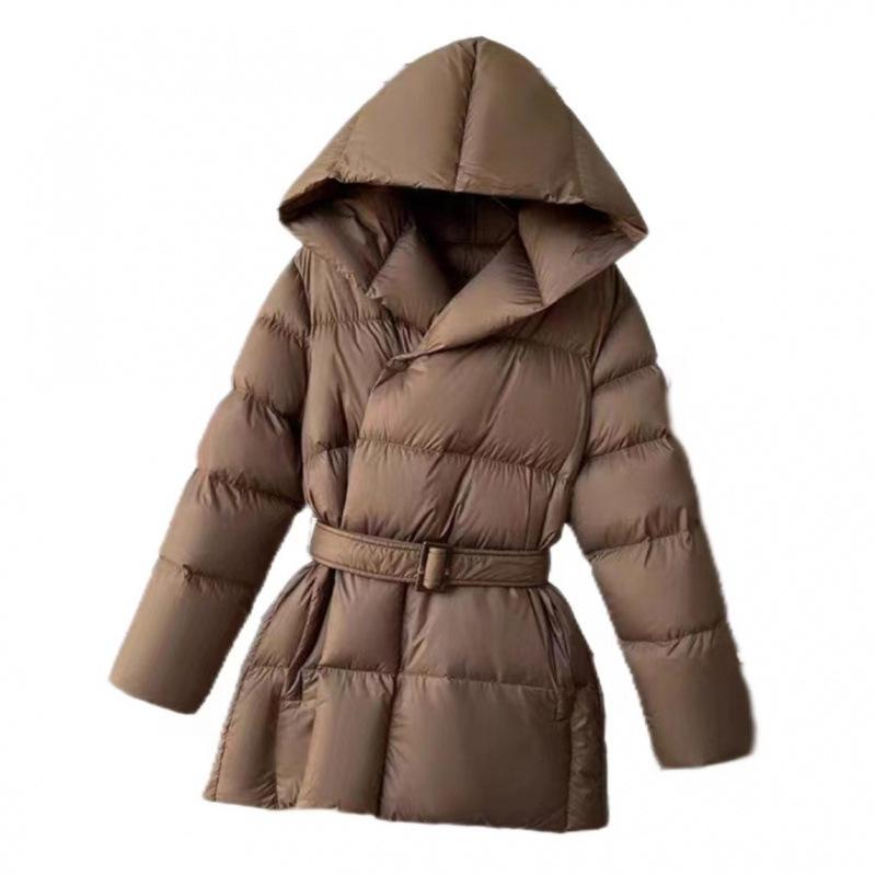 Winter Hooded Women's Down Jackets Warm Casual Lace Up Coat Puffer Jacket Belt Elegant Parka Overcoat