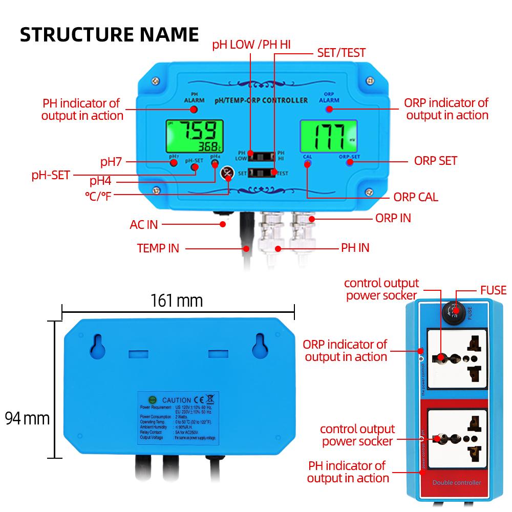 3 in 1 pH/TEMP/ORP Meter PH-2839 ORP Meter PH Tester Controller Detector BNC Type Probe Water Quality for Aquarium Monitor