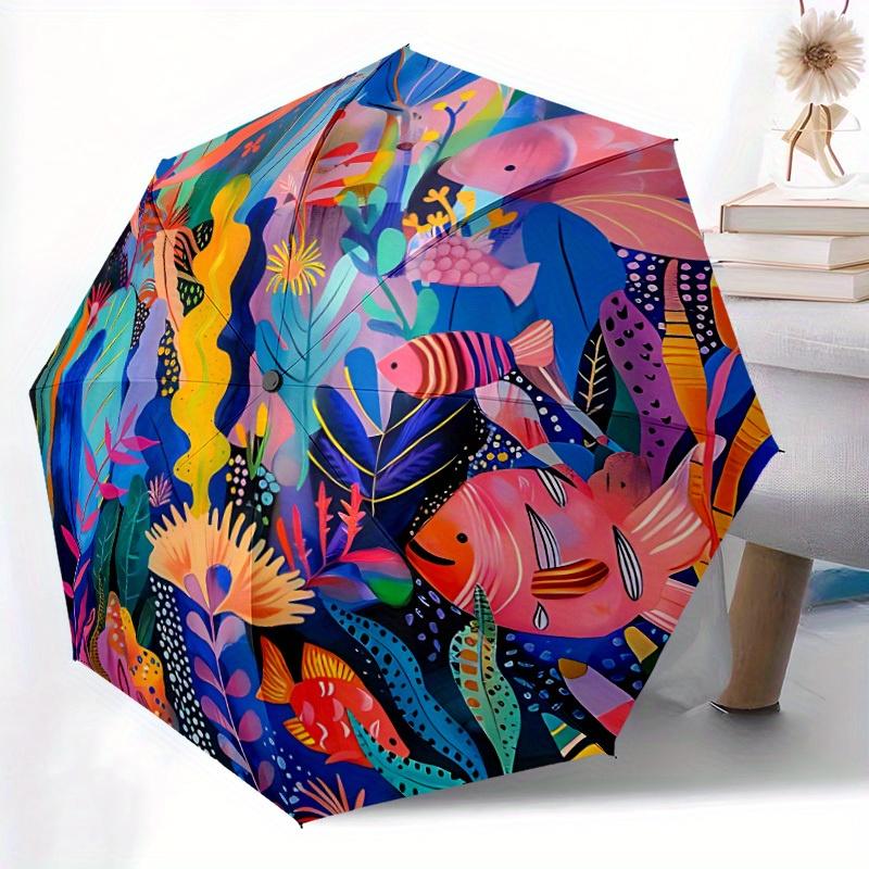 1pc Ocean Life Automatic Open/Close Umbrella with Windproof, Functional Design, 8-Rib Sturdy Canopy