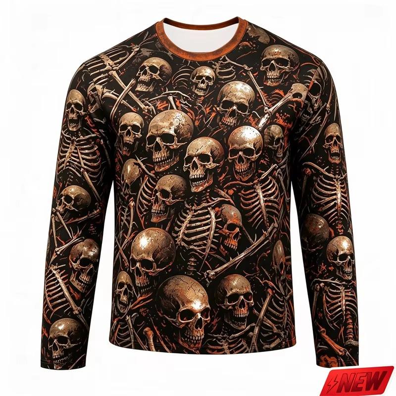 Men Gothic Full Print Skull Skeleton Long Sleeve T Shirt Halloween Punk Print Y2K Hip Hop Family Matching Casual Fitness Tops