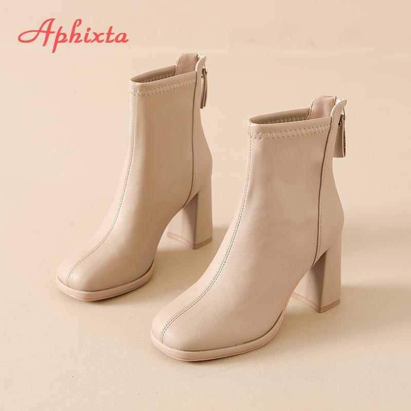Fashion Aphixta Bazk Zipper Dec Women Ankle Boots 8cm High Heels Sexy Stretch Boots Elegant Sewing Short Plush Warm Winter Woman Shoes