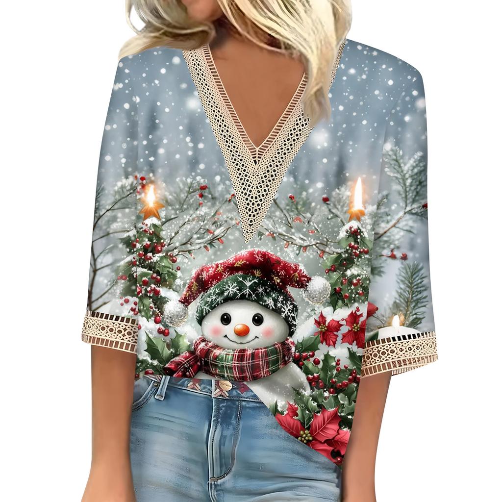 Women's Loose Casual Three-quarter Sleeve V-neck Lace Loose Christmas Print T-shirt Top