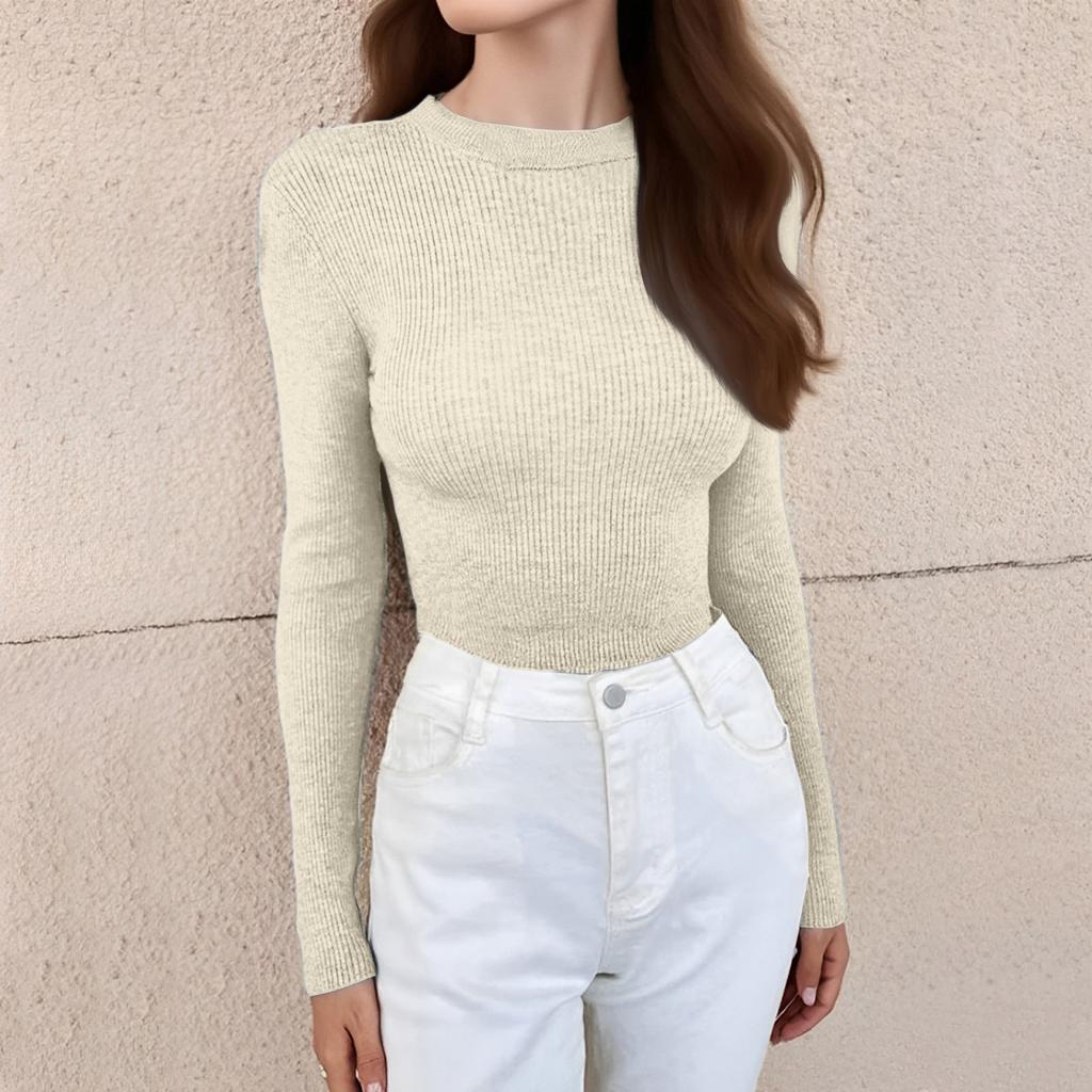 Damenmode Rundhals Enges T-Shirt Langarm Pullover Farbe Oberteil