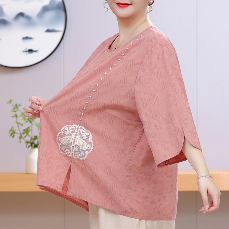 Women's Plus Size Chinese Embroidery Top – 3/4 Sleeve Round Neck Textured Blouse (Sizes 3XL-8XL) for Middle-Aged Ladies