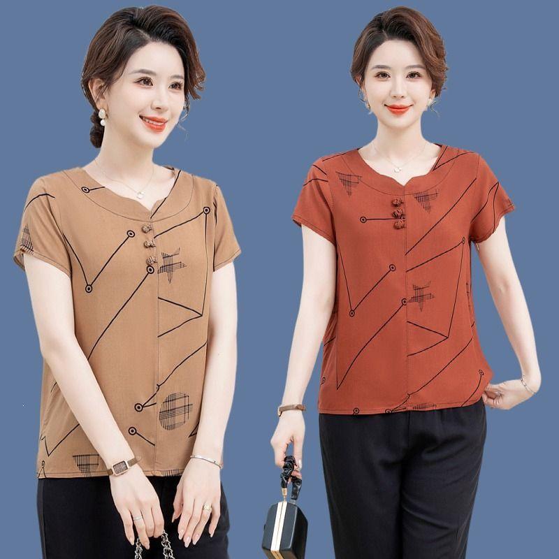 Mom's New Chinese Style Plus Size Loose T-shirt: Stylish Summer Short-Sleeved Top for Middle-Aged Women