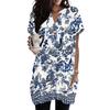 Women's V-Neck Vintage Floral Print Short Sleeve Pullover Top with Pocket