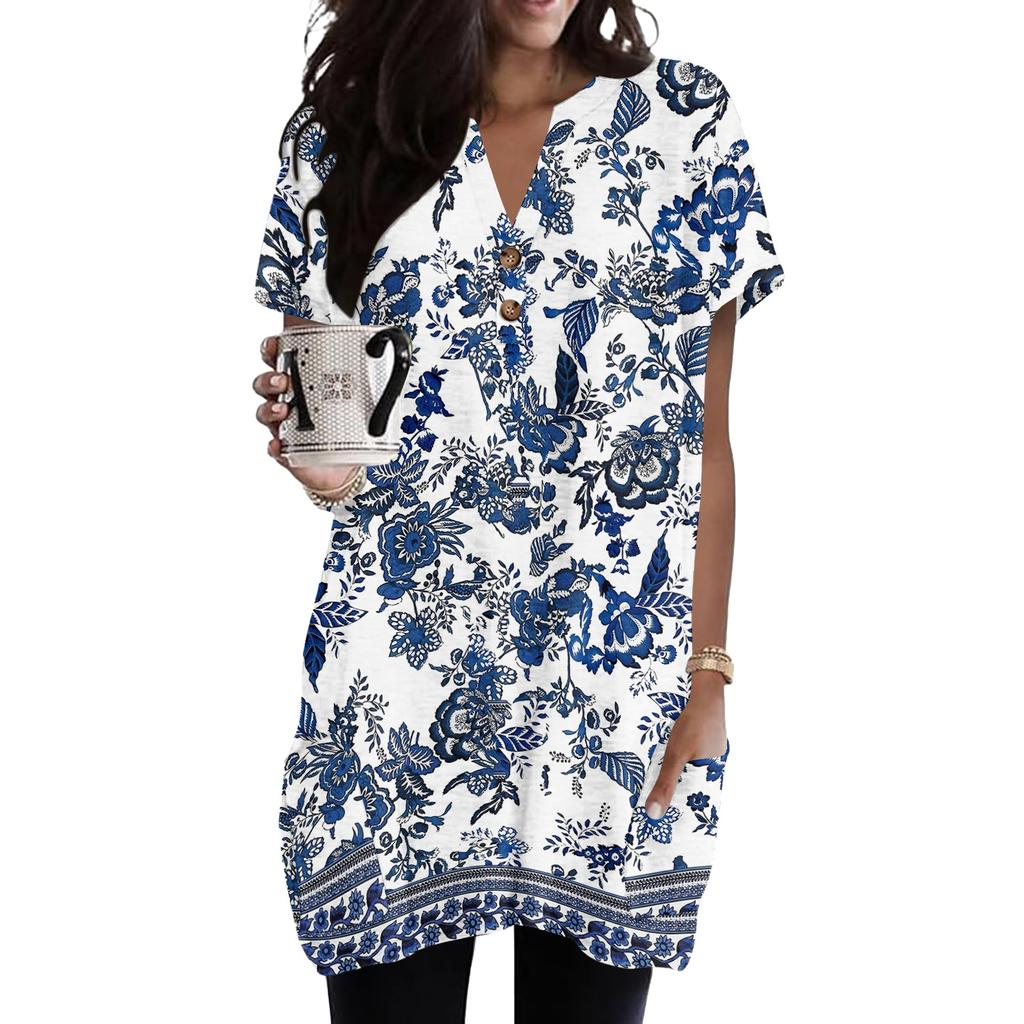 Women's V-Neck Vintage Floral Print Short Sleeve Pullover Top with Pocket