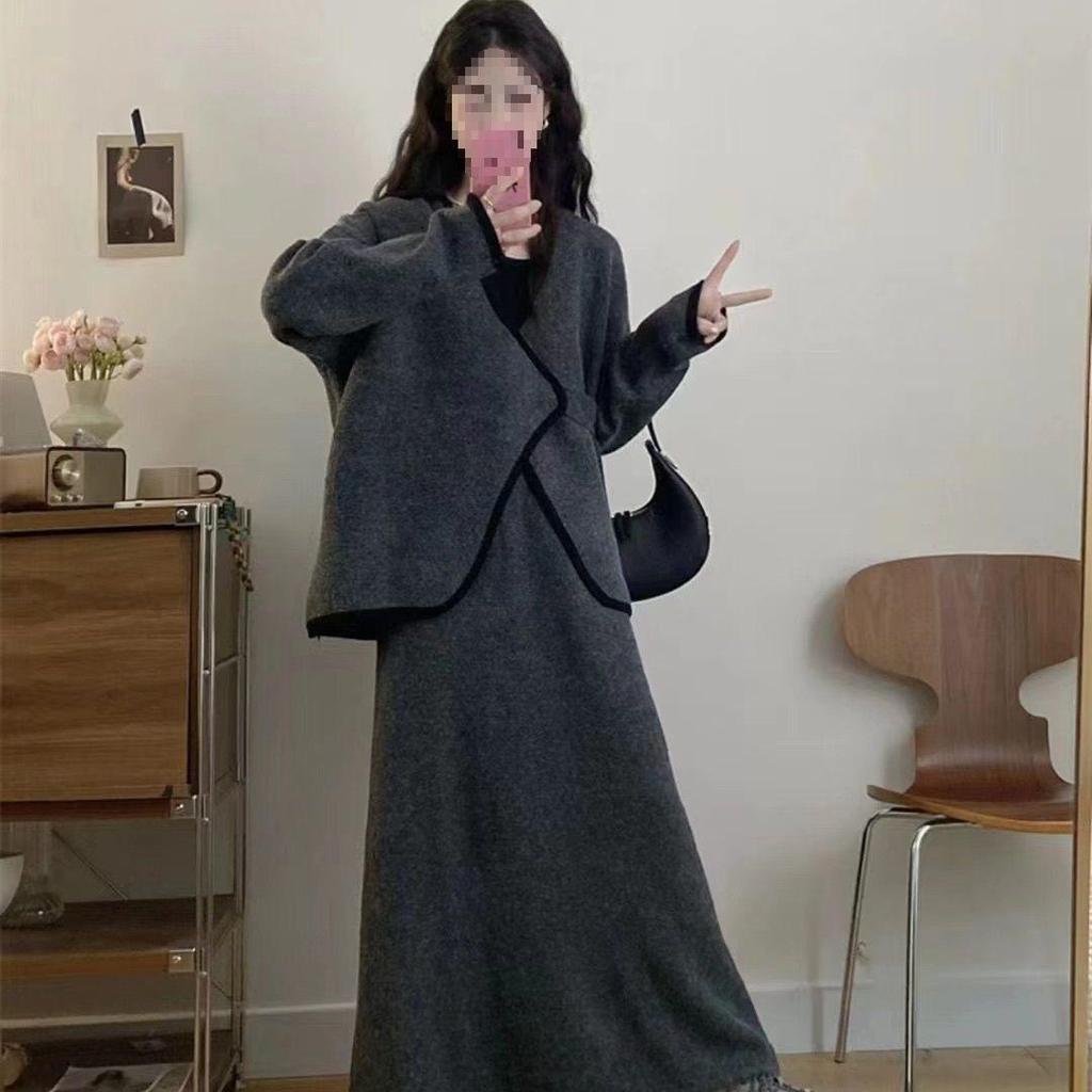 Damen Übergröße Unregelmäßiges Zweiteiliges Set mit Fleece-Futter: Schlankmachender Midirock für Herbst/Winter