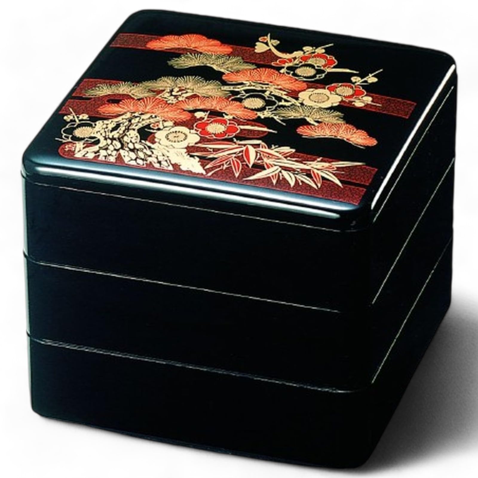 

J-kitchens Lacquerware 3-Tiered Jubako Box, 6.5 inches, Black Pine, Bamboo, and Plum Design, 19cm, Resin, Made in Japan