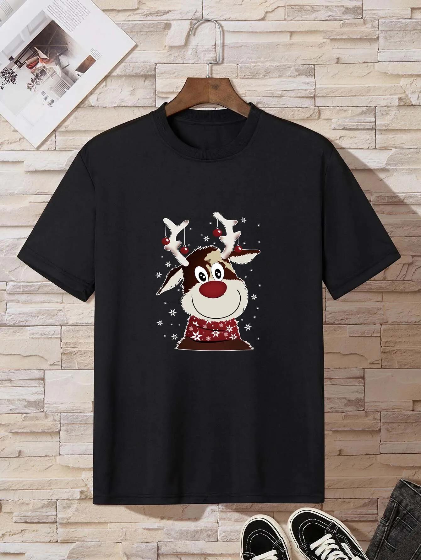 

Рождественская футболка с оленями, Принтованная футболка для мужчин, Повседневная футболка с коротким рукавом и круглым вырезом, Модные летние футболки, Топы, Обычный и Большой размер XXXXXL чёрный