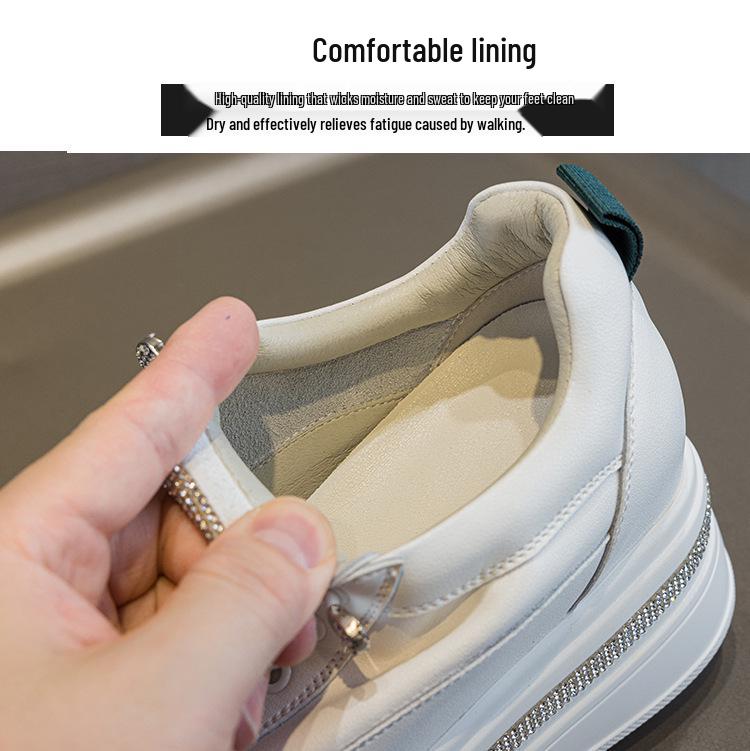 Women's White Platform Sneakers with Rhinestone Elastic Laces - Genuine Leather, Thick Sole, 7cm Height Boost, Lightweight & Versatile.