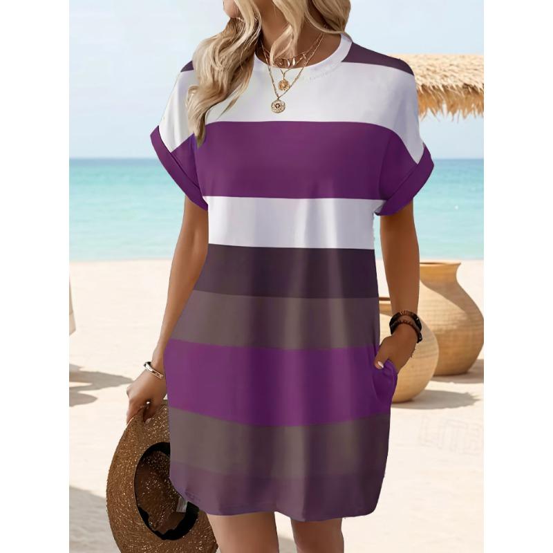 

Летняя мода Контрастное полосатое повседневное женское платье с карманом большого размера 5XL фиолетовый