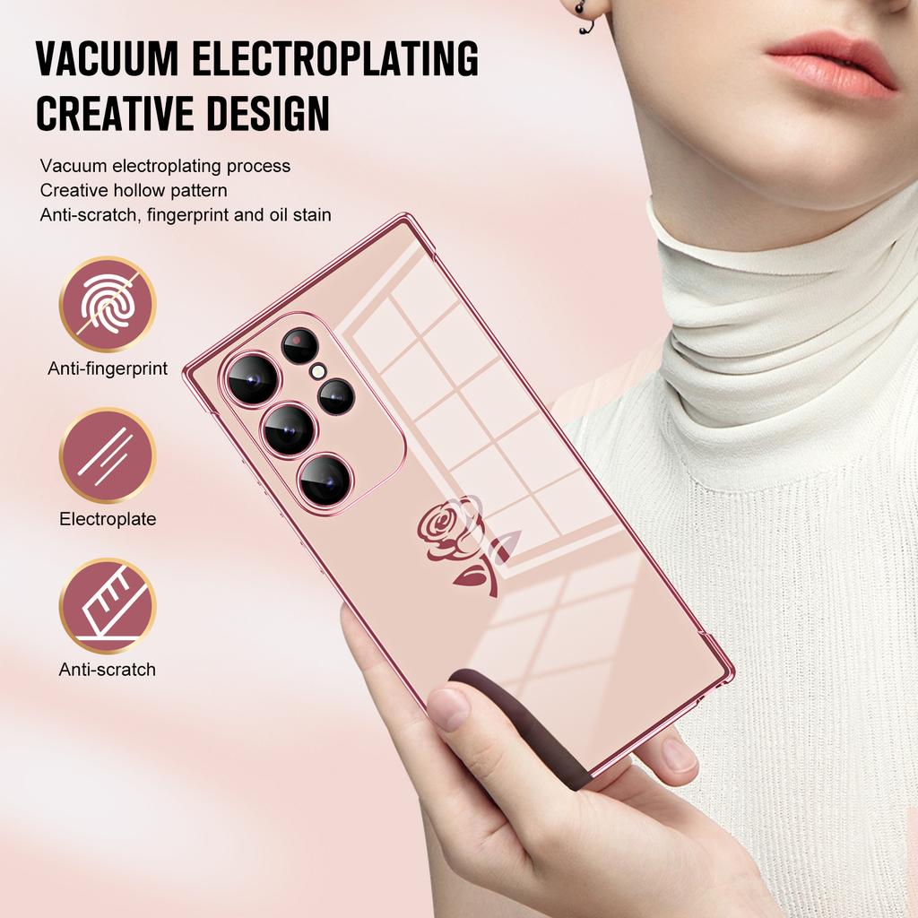 For Samsung Galaxy S25 Ultra Case Electroplating Edge Rose Pattern TPU Phone Back Cover Airbag Drop Proof