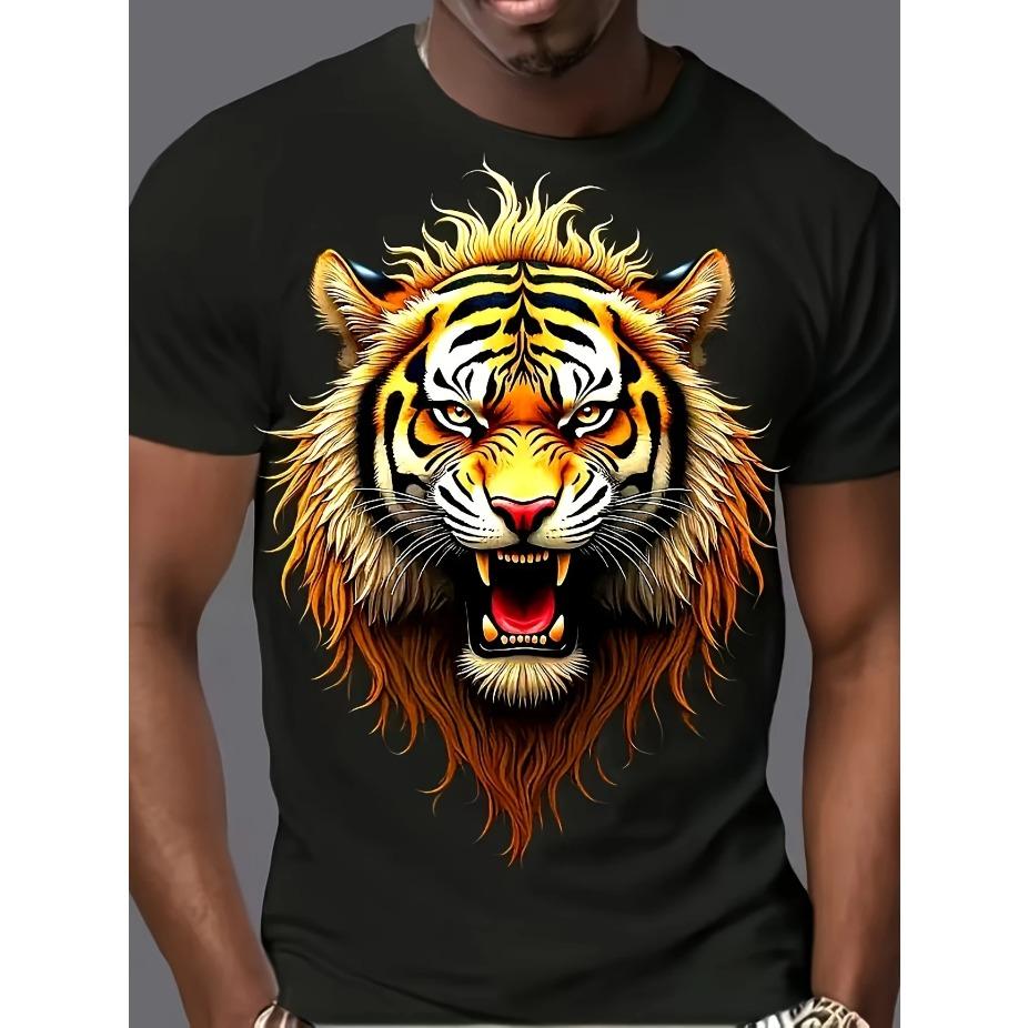 

Мужская яркая футболка с 3D-принтом тигра - Повседневный полиэстер, Машинная стирка, Круглый вырез, Летняя графическая футболка с красочным, реалистичным дизайном XS