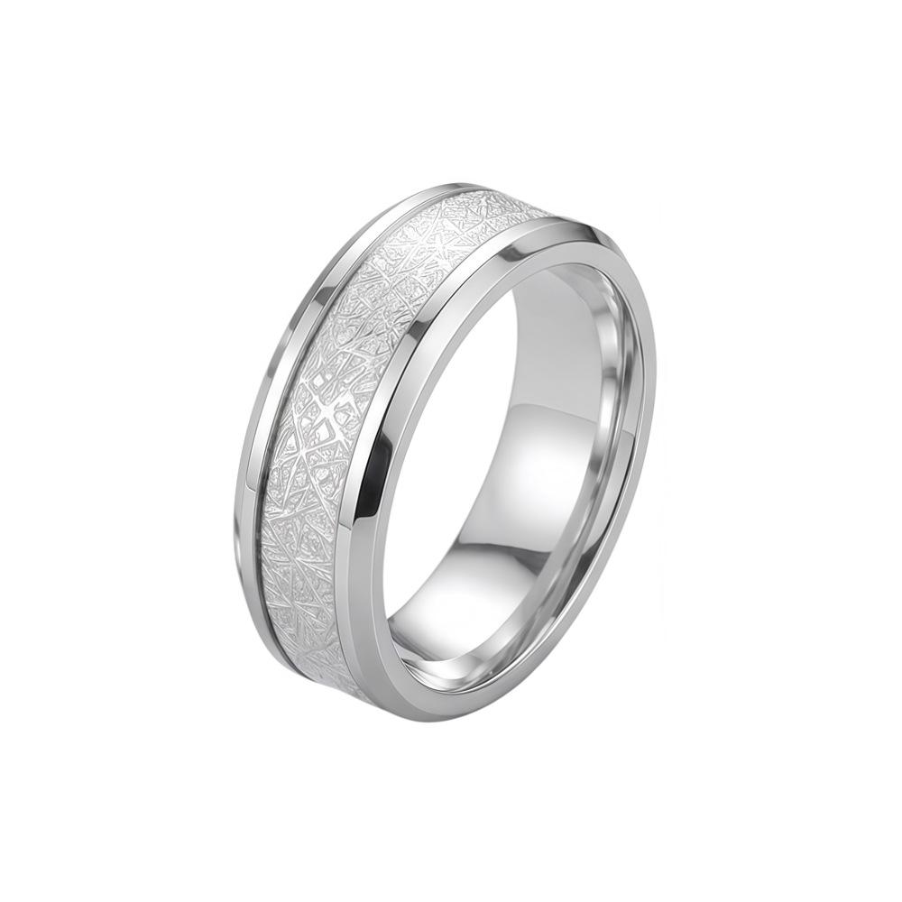 Rime Textured Titanium Steel Couple Ring with Inlaid Design