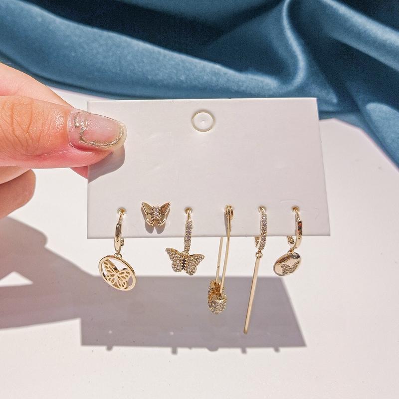 ANENJERY Micro Paved Zircon Butterfly Pin Bar Earring Sets For Women Dainty Luxury 6-piece Earrings Wholesale
