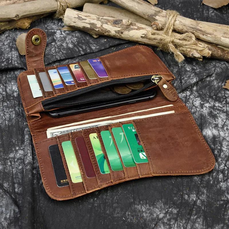 Men's Genuine Leather Wallet Chain Snap Bifold Purse Crazy Horse Leather Card Case Phone Card Holder Clutch Dragon Wallet