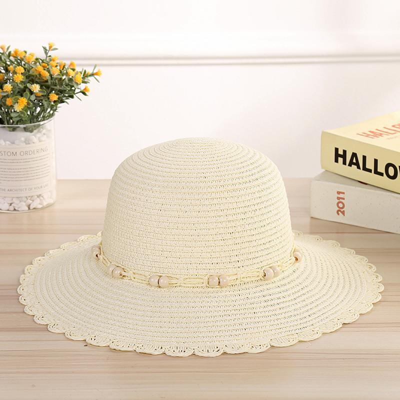 Summer Straw Hat With Wide Brim And Beaded Edge Sun Protection For Outdoor Beach Activities