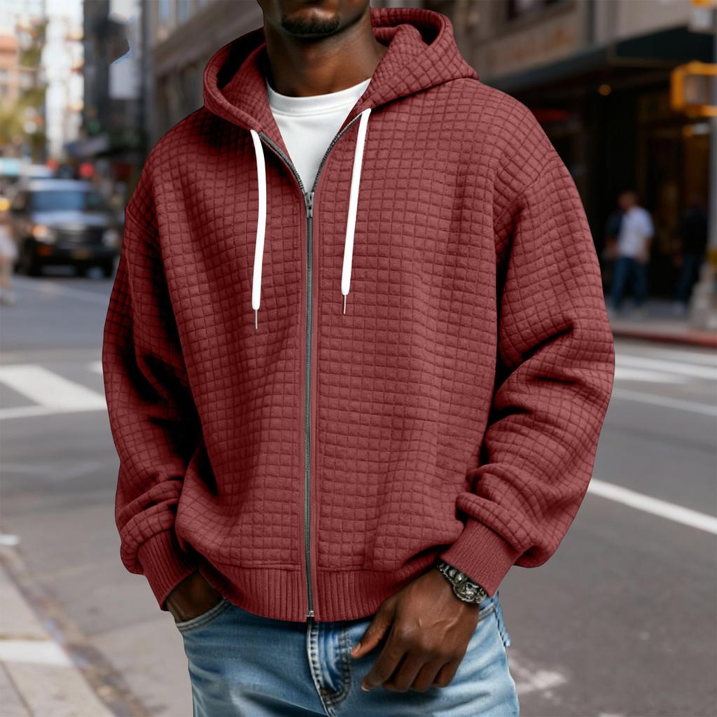 Men's Zip-Up Hooded Plaid Jacket- Drawstring Casual Sports Sweatshirt