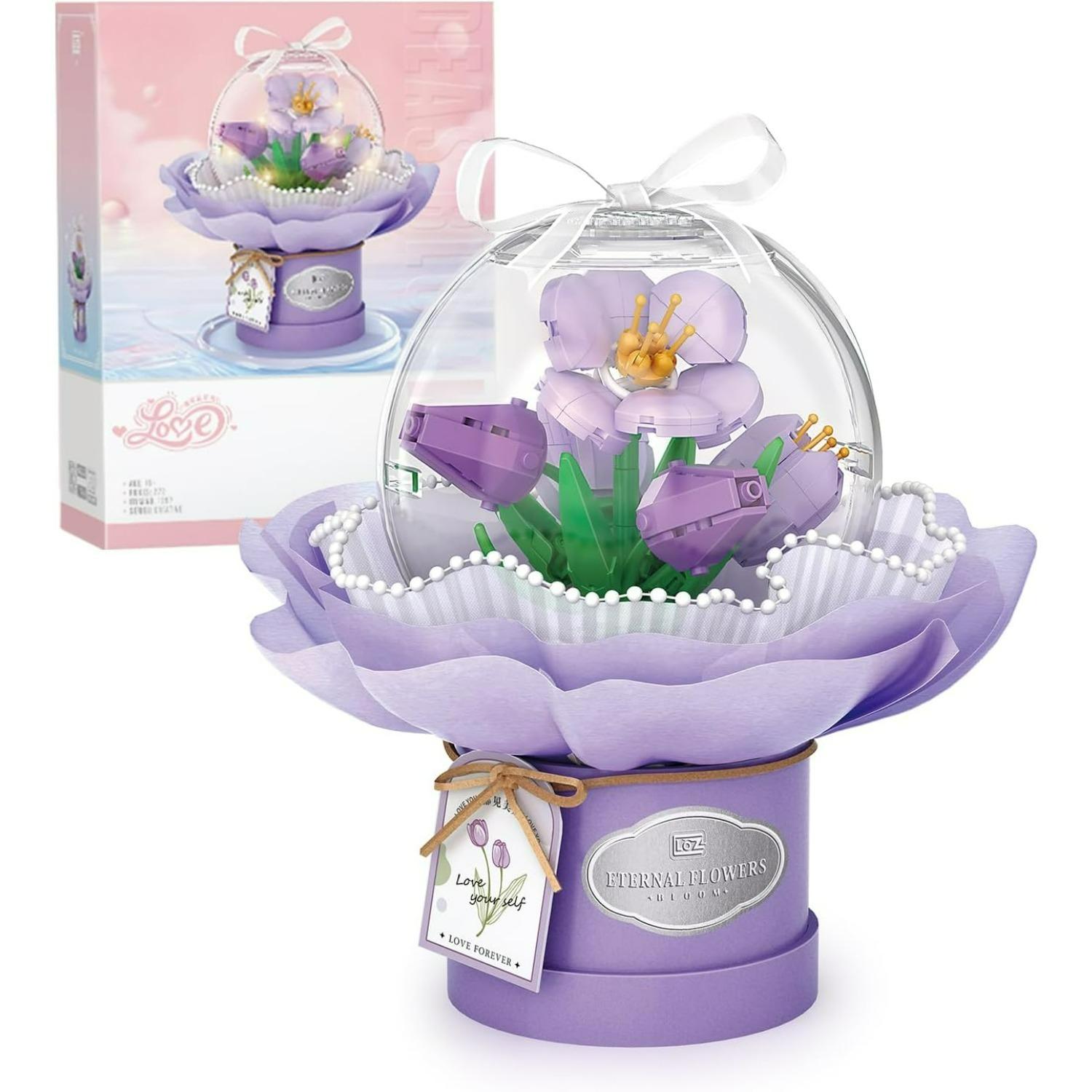 

Flower Building Blocks Set with Dust-Proof Dome,Simulation Bouquet for Valentine s Day,Bonsai Building Bricks Toys,Home Decor фіолетовий