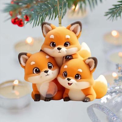 Red Fox Car Pendant Acrylic Flat Ornament Cute Fox Hanging Ornament Cartoon Keepsake Bag Charm Keychain Christmas Tree Decoration