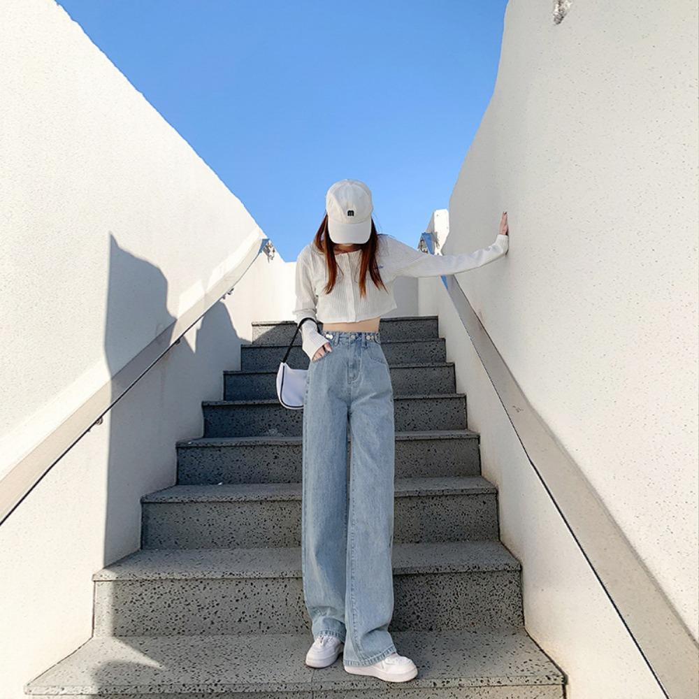 Commuter high waist wide leg jeans women's autumn and winter new small thin loose straight mopping jeans