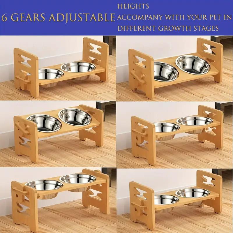 6 Gears Adjustable Pet Bowl Stand Bamboo Double Dog Cat Food Water Bowl Elevated Feeder for Small Medium Large Dogs Cats