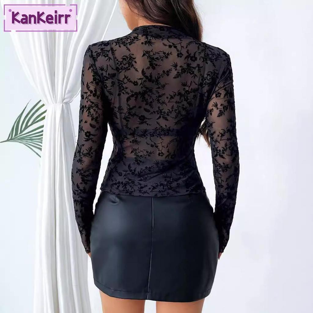 KANKEIRR אופנה לנשים צווארון עגול שרוול ארוך חולצות קז'ואל