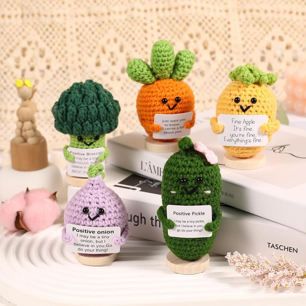 5PCS Emotional Support Crochet Doll with Base, Positive Crochet Vegetables Fruits with Positive Card Handmade Knitted Dolls Plush Cheer Up for