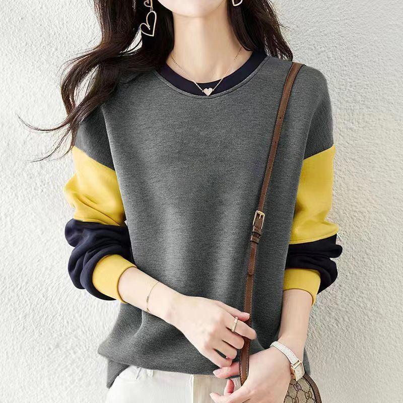 

Foreign Trade Clearance Export Pure Cotton 100% Patchwork Leisure Western Style Art Top Fashion Retro High Sense Hoodie Women Gray [Solid Color] M