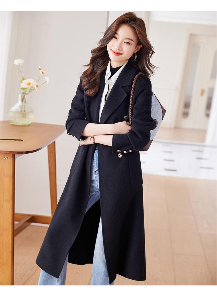 Women's Dark Blue Wool Trench Coat, Autumn/Winter 2025, Thickened Mid-Length, Elegant Design.