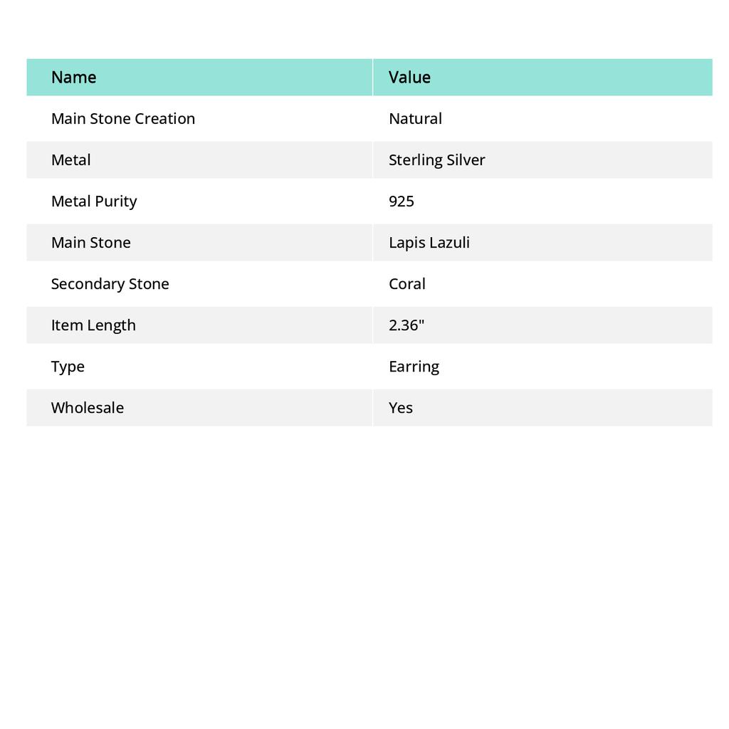 Lapis Lazuli, Coral Gemstone 925 Sterling Silver Jewelry Earring 2.36"