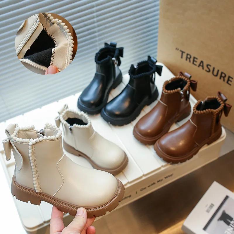 2024 Children Leather Shoes for Girls Autumn Winter New Fashion Korean Style Soft Bottom Anti-slippery Versatile Short Boots