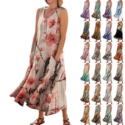 Lässiges, bequemes, ärmelloses Taschenkleid für Damen mit Blumenmuster