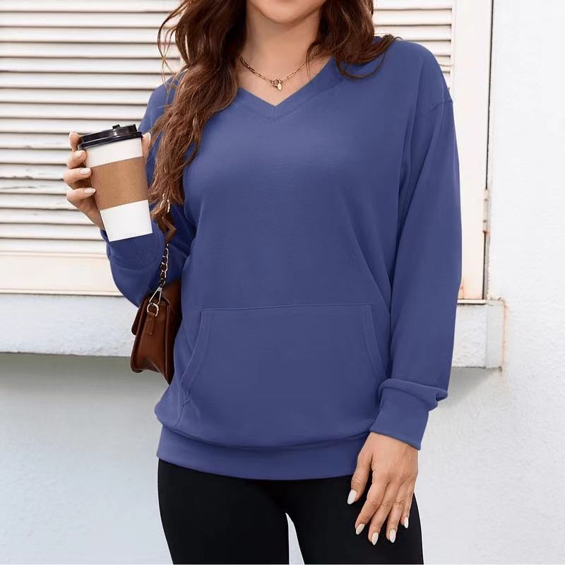 Women's V-Neck Hooded Sweatshirt with Front Pocket, Casual Pullover