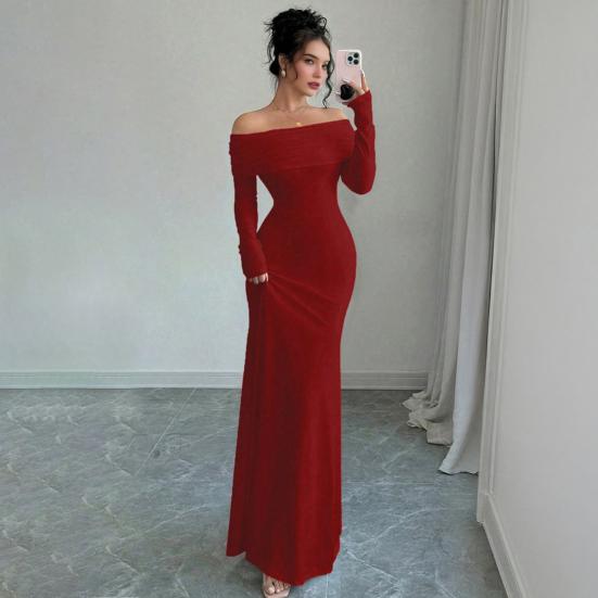 Women Off Shoulder Bodycon Maxi Dress Formal Long Sleeve Evening Gown Ruched Club Party