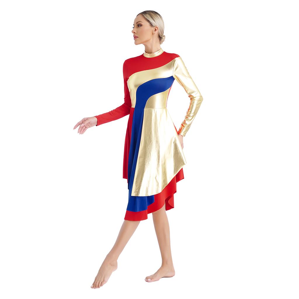 Vestido de Dança Litúrgica Feminino Gola Alta Manga Longa Patchwork Cor Contrastante Bainha Curva Vestido de Adoração