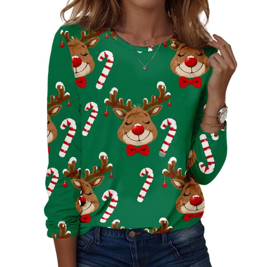 Women's Casual Long Sleeve Christmas Print Neck Top