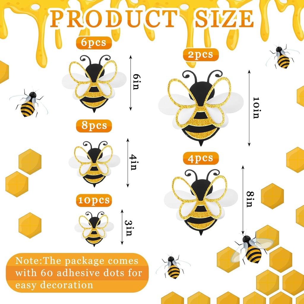 30 Pcs 3D Bee Decoration 5 Sizes Honey Bumble Wall Sticker Decor for Classroom Large Glitter Bee Themed Decals Confetti Cute Adhesive Birthday Baby