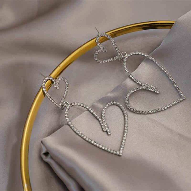 Diamond-Filled Heart-Shaped Long Stud Earrings Metallic And Heart-Shaped Earrings Gold And Silver Earrings
