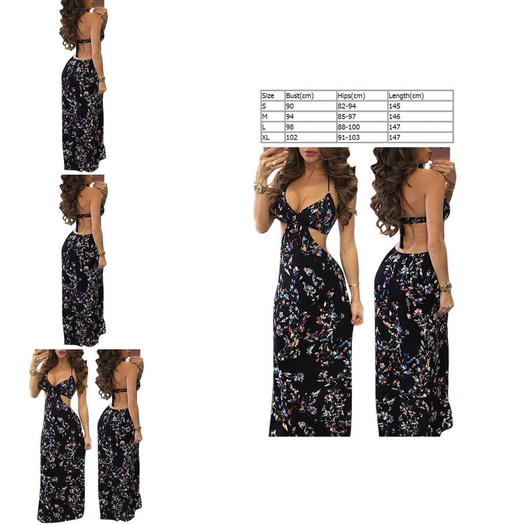 Damen Sexy Schwarzes Floral Maxikleid Mit Cut-Out Design Perfekt Für Boho Strandurlaube