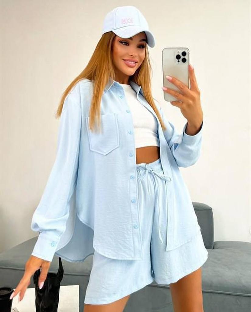 Casual Fashion Solid Color Women's Shirts Puff Sleeves Elegant Tops Shorts Casual Suit