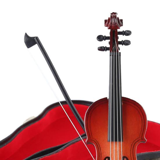 Wooden Mini Violin Model with Stand Playable Tiny Violin Figurine Miniature Musical Instrument Ornament Home Office Desktop Decoration